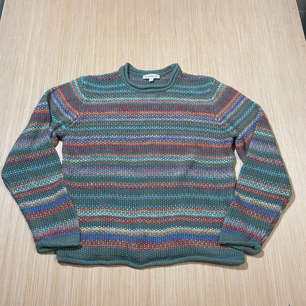 NorthStyle Sweater Womens Large Multi Color Striped Textured Crewneck Pullover